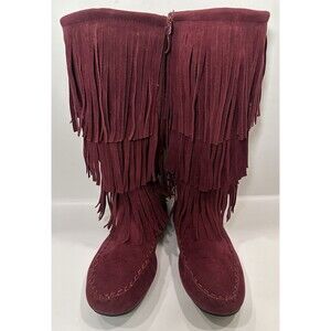 Burgundy Fringe Suede Moc Toe Boots Size 8 Boho Festival Zip